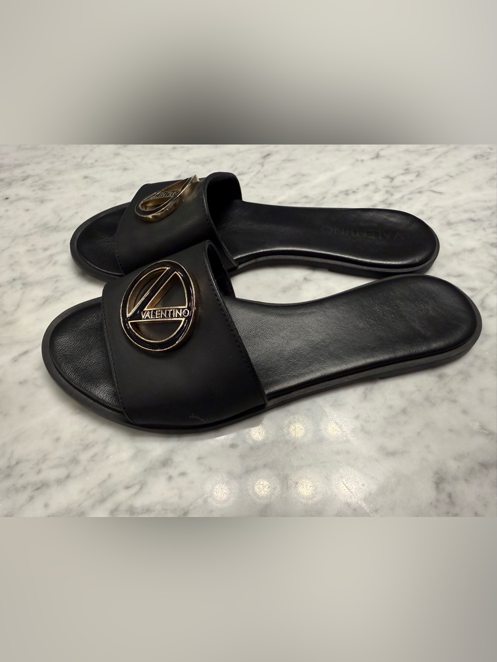Valentino Women’s Black Leather Slide Sandals with Gold and Black Logo - Picture 3 of 6
